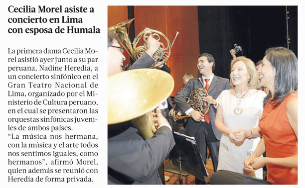 Cecilia Morel asiste a concierto en Lima con esposa de Humala